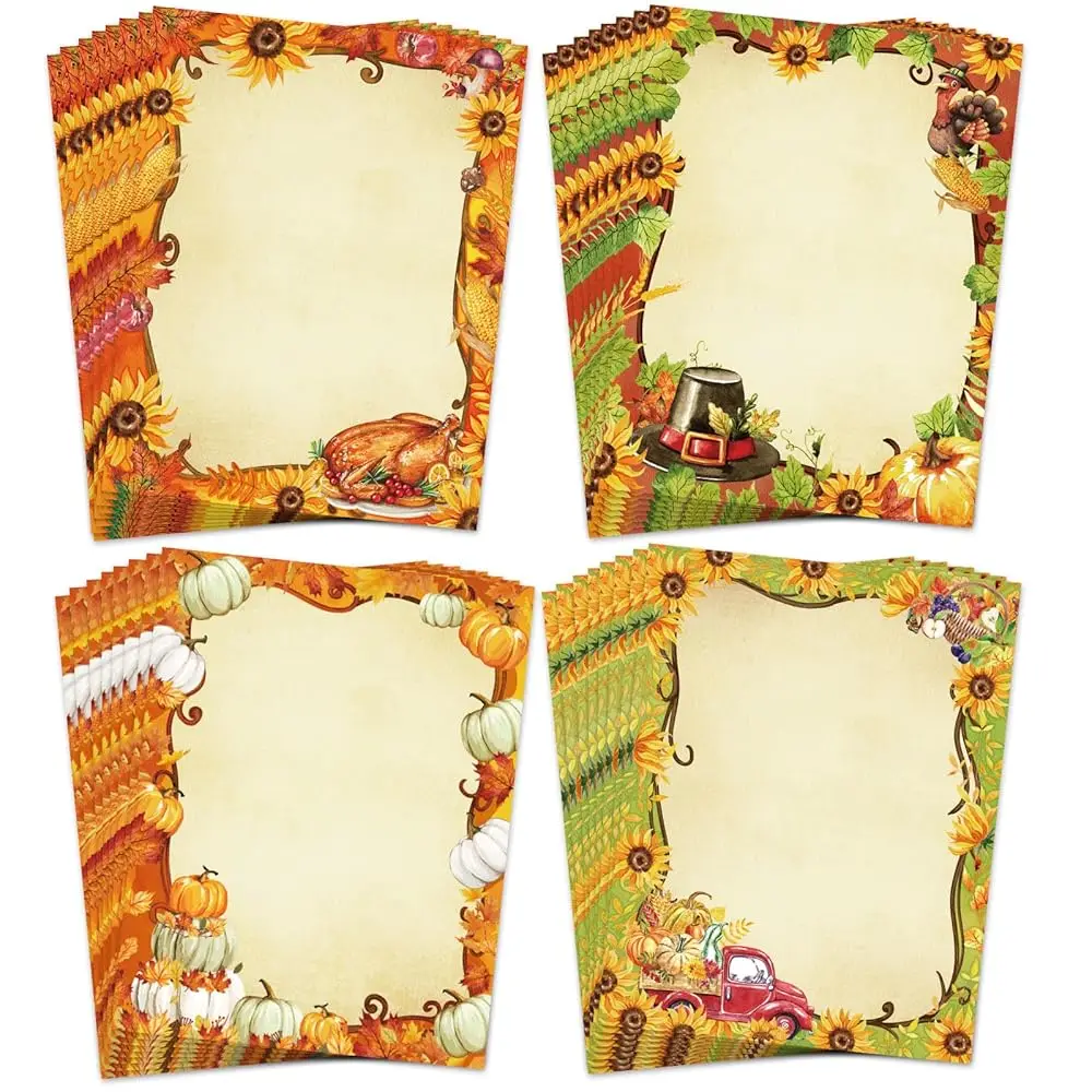 

60 Sheets Fall Stationery Paper Autumn Watercolor 4 Designs Border Letterhead Thanksgiving Decorative Writing Paper for Part