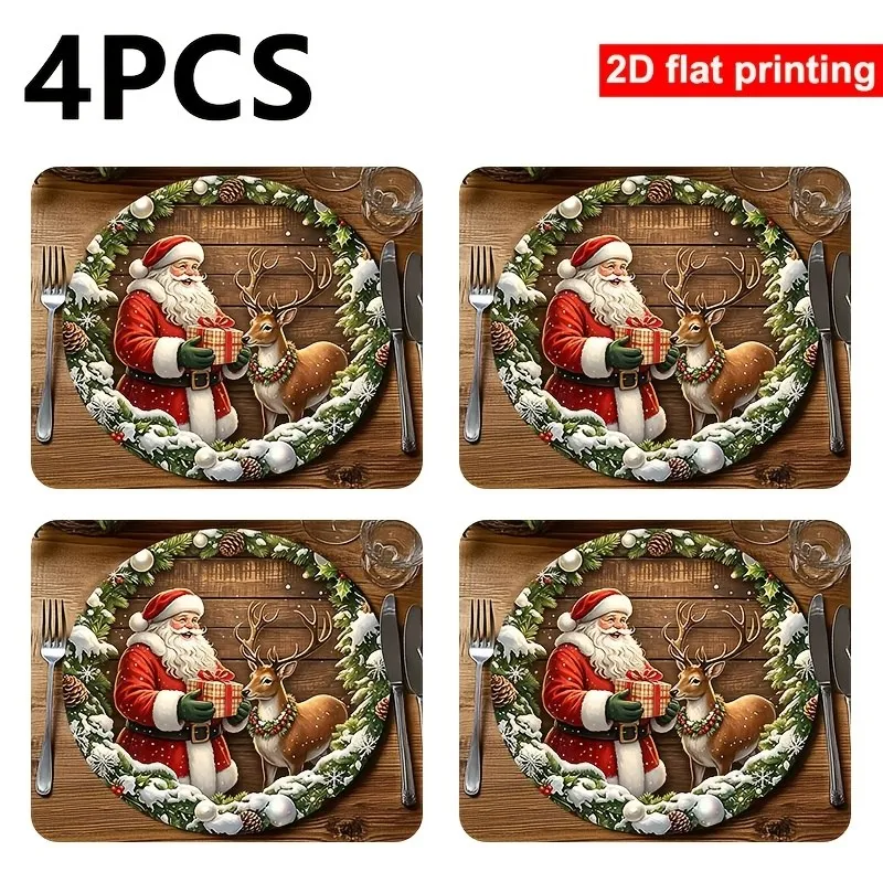 VIKAMA Linen Round Placemats, Emerald Pine Wreath Gold Star, Washable Stain Resistant Easy Clean, Holiday Dining