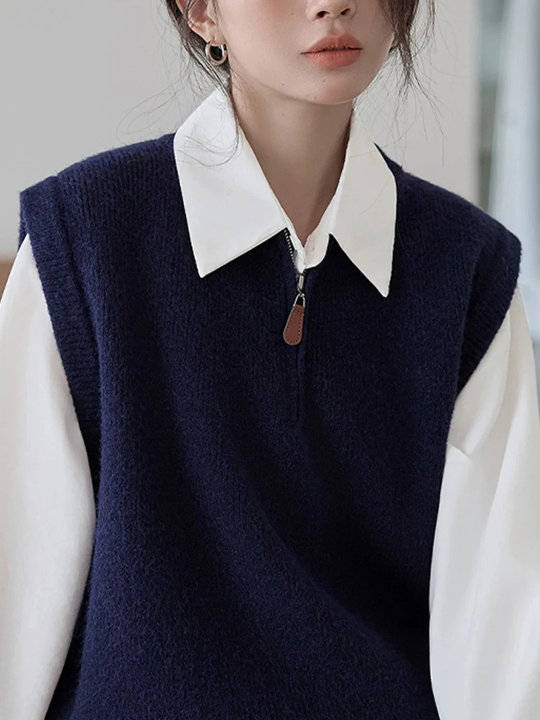 Deep Grey Zippered Knitted Vest Shirt Outerwear Layering Shoulder Gray System College Style Sweater Vest round Neck Half Zip