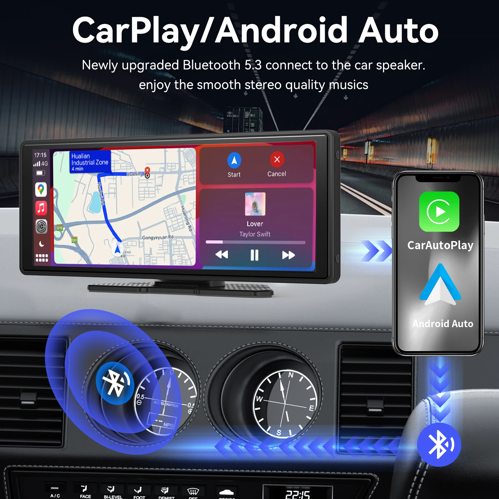 Wireless CarPlay & Android Auto Car Screen - Portable Touchscreen Stereo for Universal Car Connectivity, Easy Plug & Play