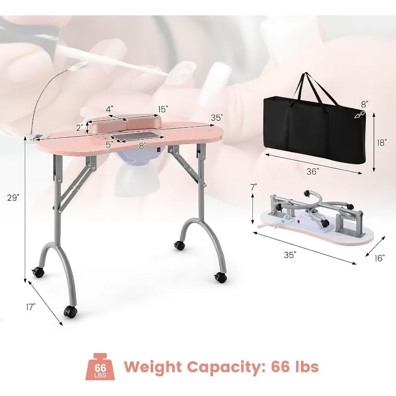 Nail Table for Nail Tech, Portable Manicure Table with Electric Dust Collector, USB-plug LED Lamp, Wrist Rest