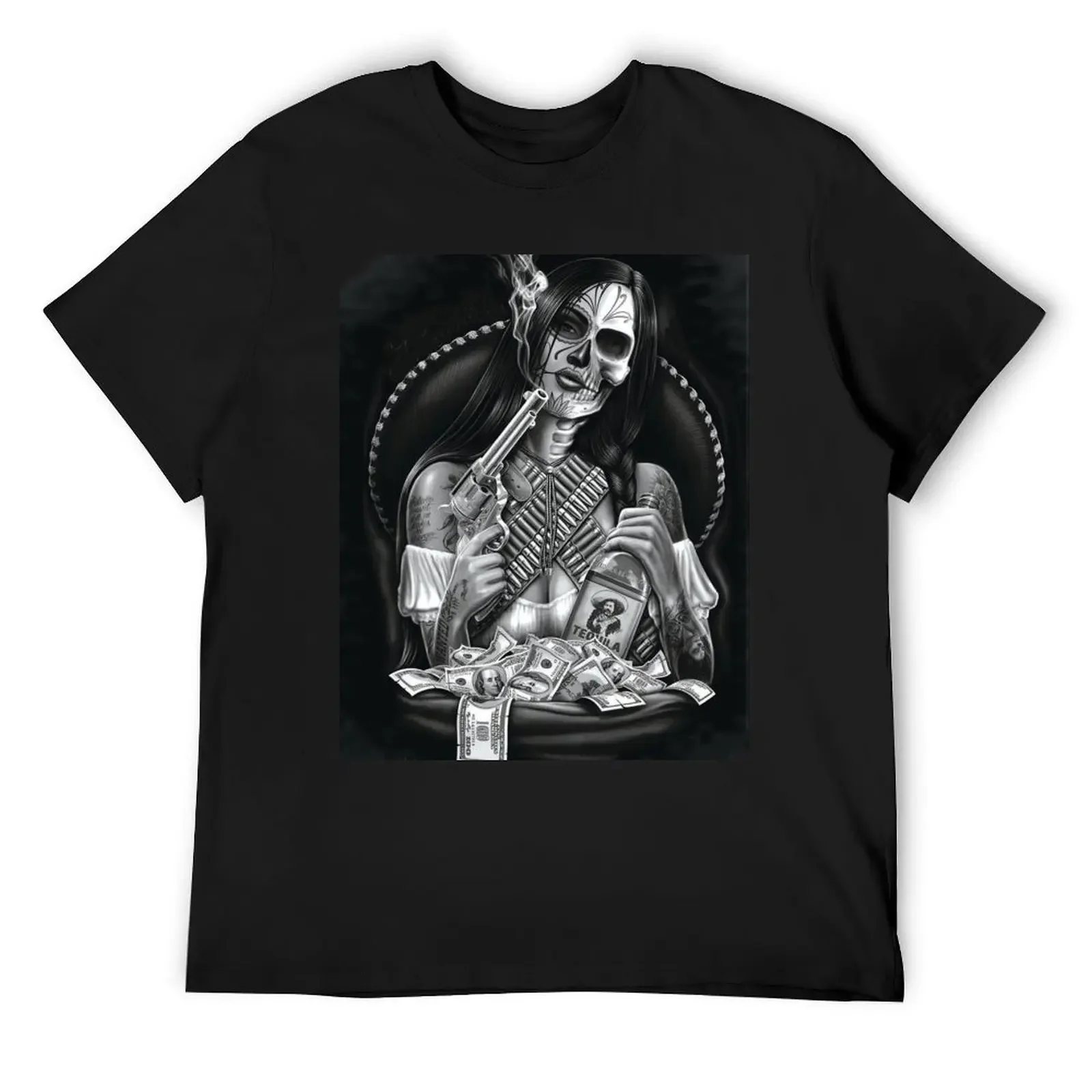 La Bandida Hispanic Mariachi Girl with Gun and tequila bottle T-Shirt street wear quick-drying plain shirts men