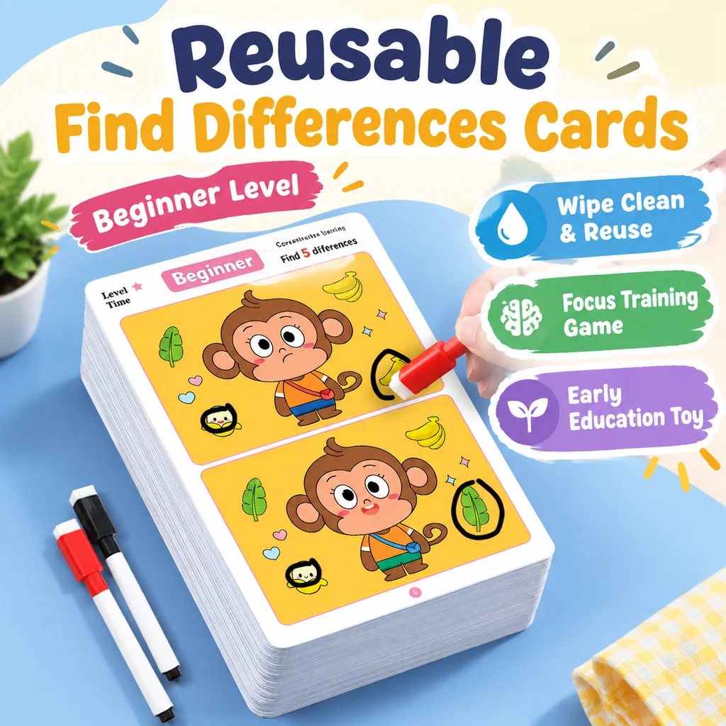 Focus Training Spot the Difference Game Reusable Cards for Training Focus and Concentration, With Erasable Pen, 3 Modes
