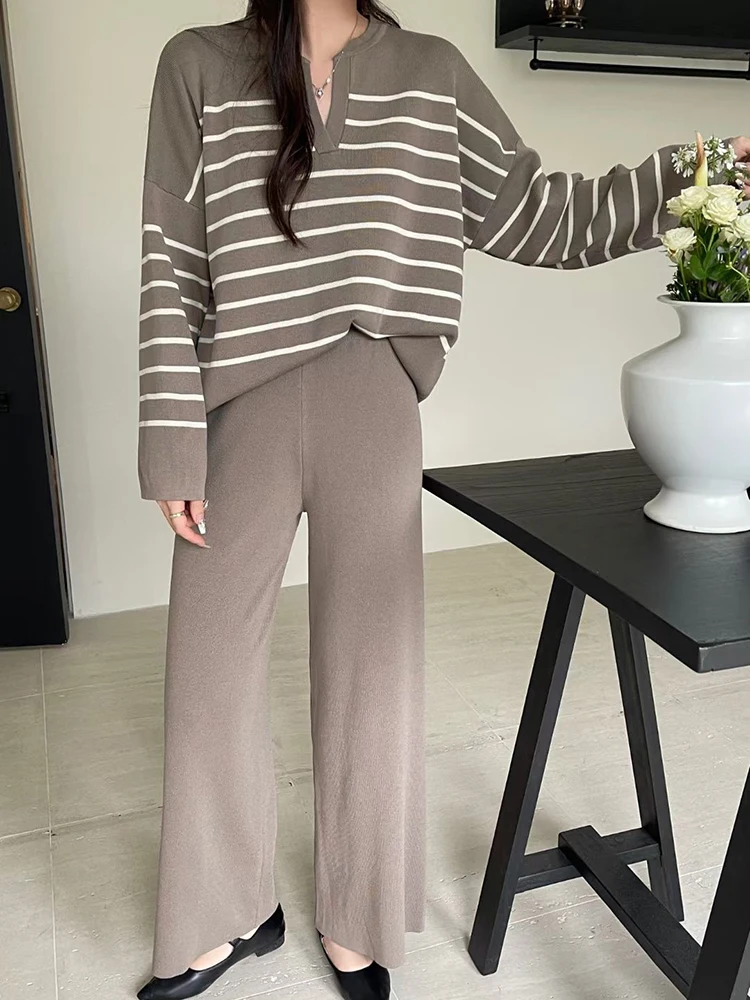 HELIAR Women Casual Knit Two Piece Set Striped Long Sleeve Loose Pullover Sweater and Pants Sets Office Women Outfit Fall Winter