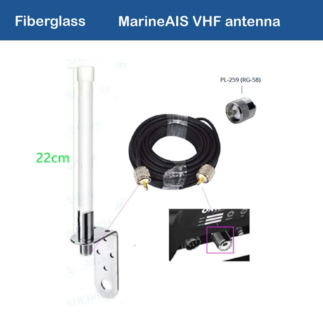 VHF VHF 22cm Short Marine Antenna 156-163MHz Fishing Boat Omni Antenna Outdoor Fiberglass Antenna with Stainless Steel Bracket