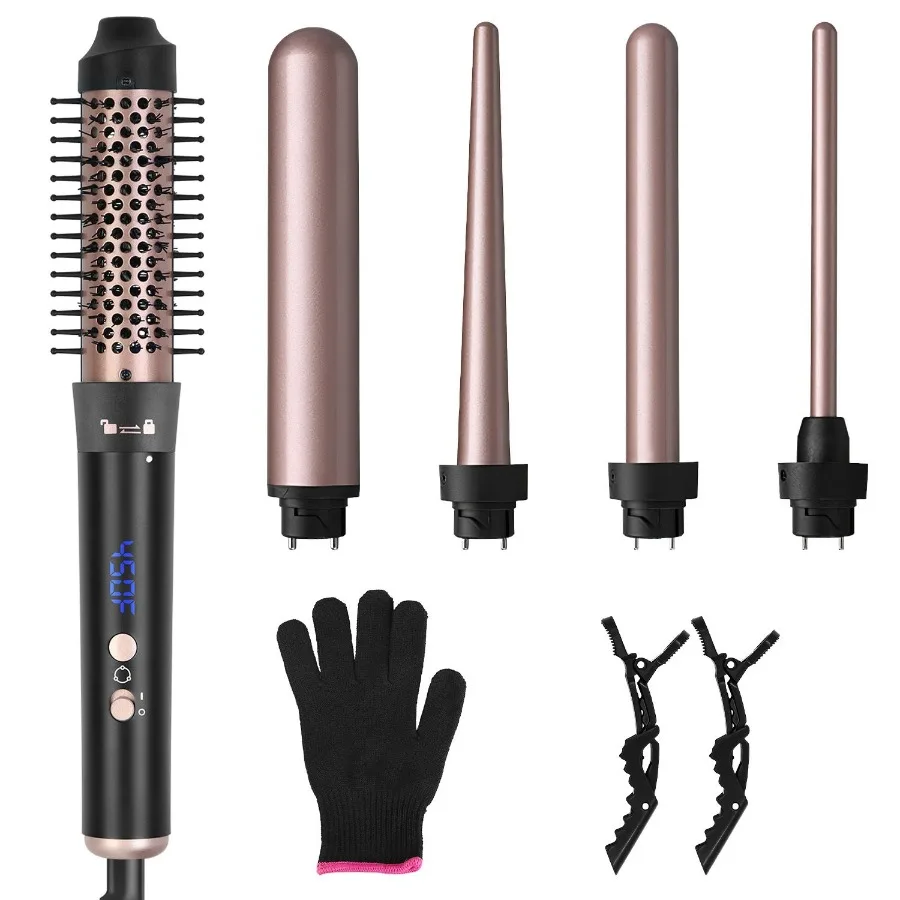 

5 in 1 Curling Wand with LeakageProtection Hair Curling Iron Brush Hair Thermal Brush Curler with 4 Heating Levels 360 Rotatabl
