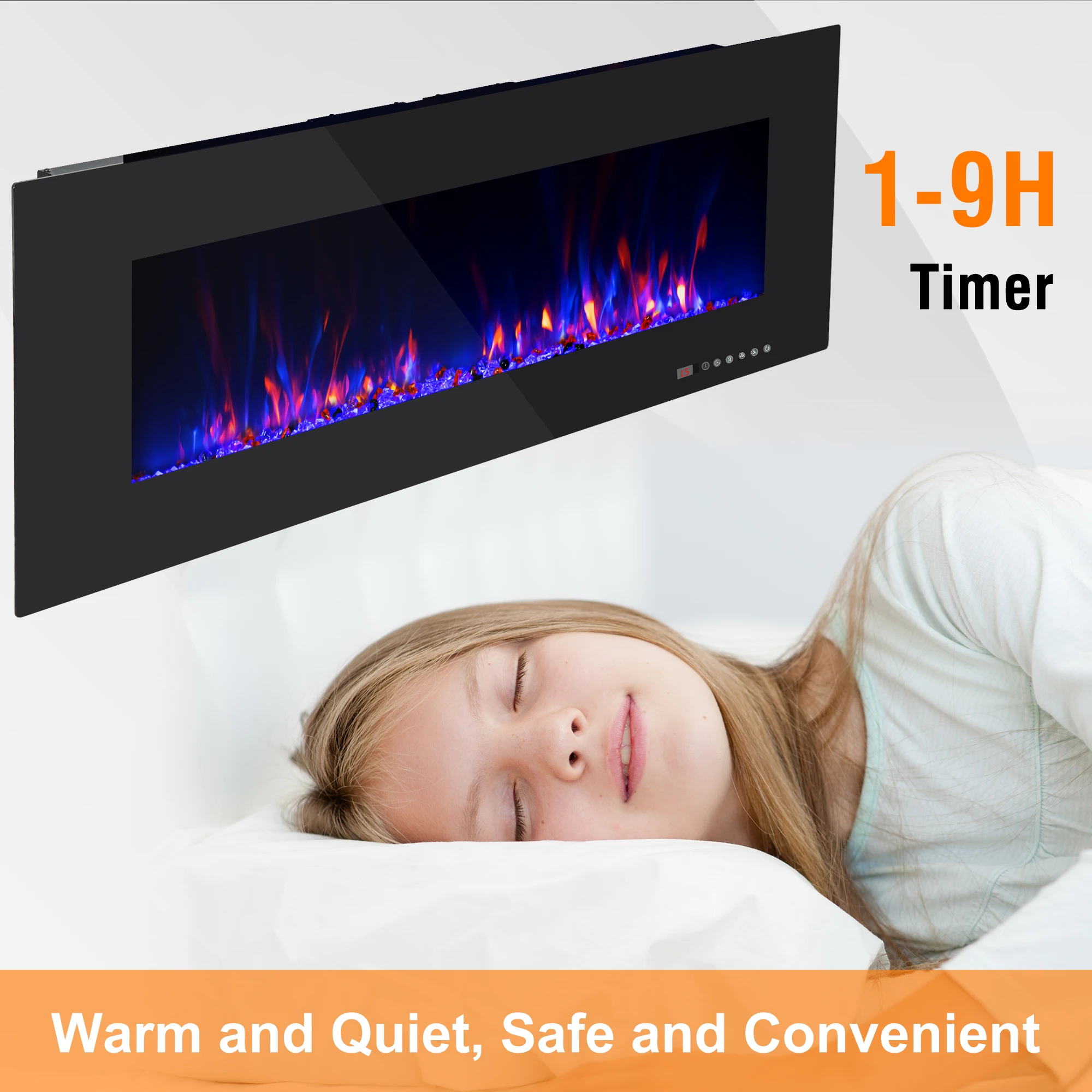 50 Inch Wall-Mounted LED Light Electric Fireplace Indoor Heater For Household Hotel Use NOT For Recessed Installation