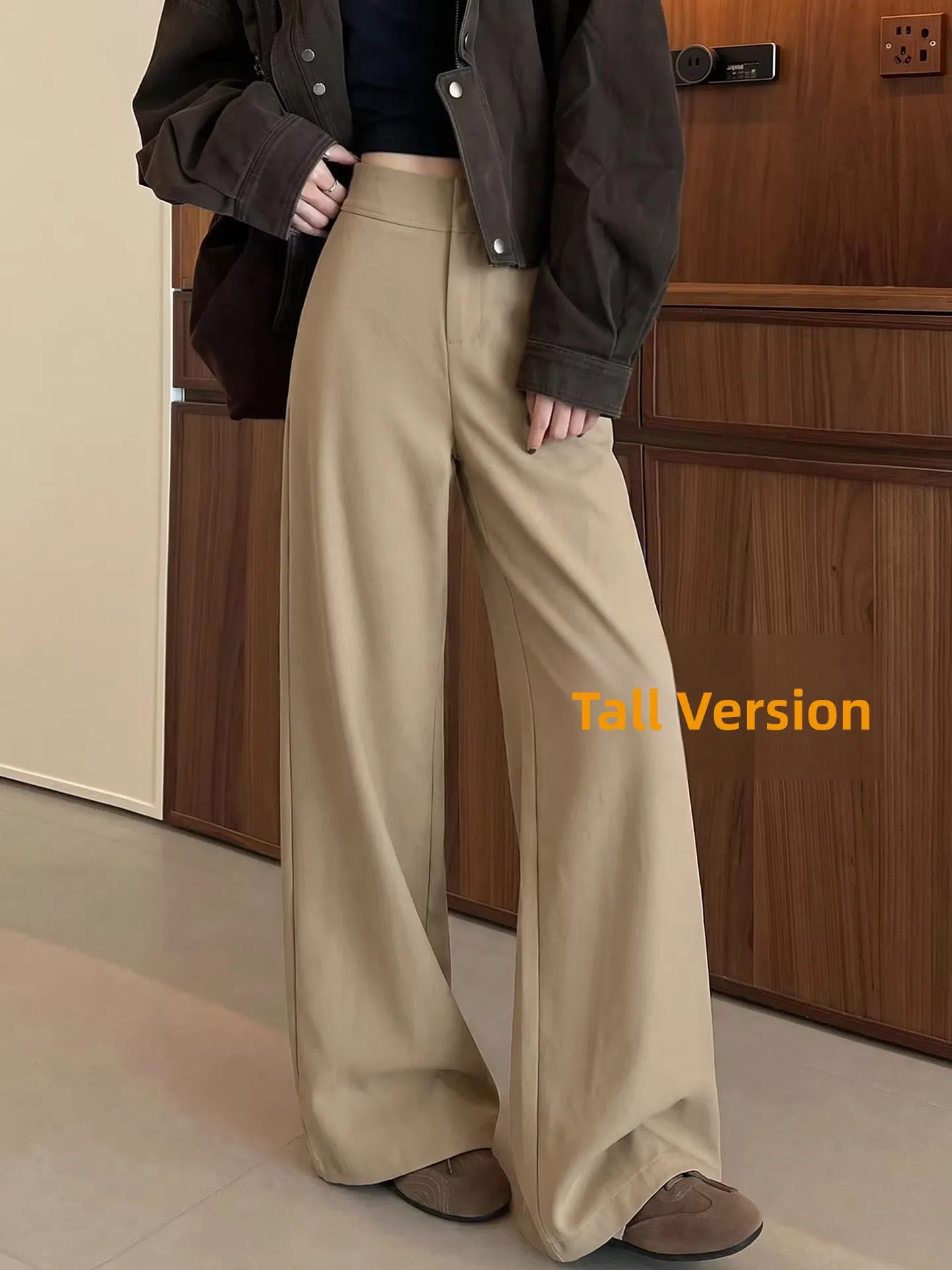 

Женские длинные брюки цвета хаки с высокой талией, широкими штанинами, не мнущиеся, в повседневном стиле, весна-осень, новинка, элегантные