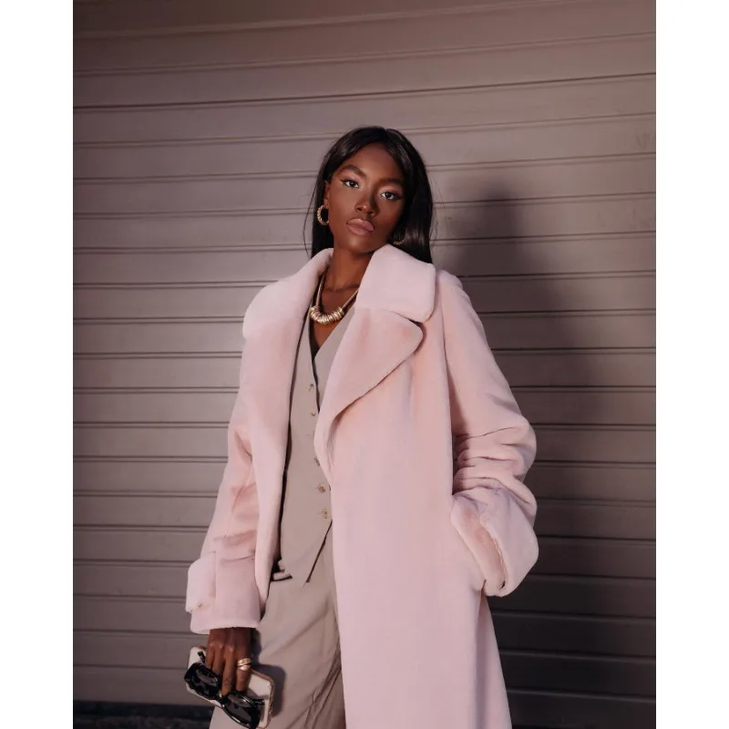 Winter Luxury High-end Long Fur Coat Women Belt Faux Fur Trench Coat Fluffy Furry Soft Warm Thick Fur Outerwear Design Coats