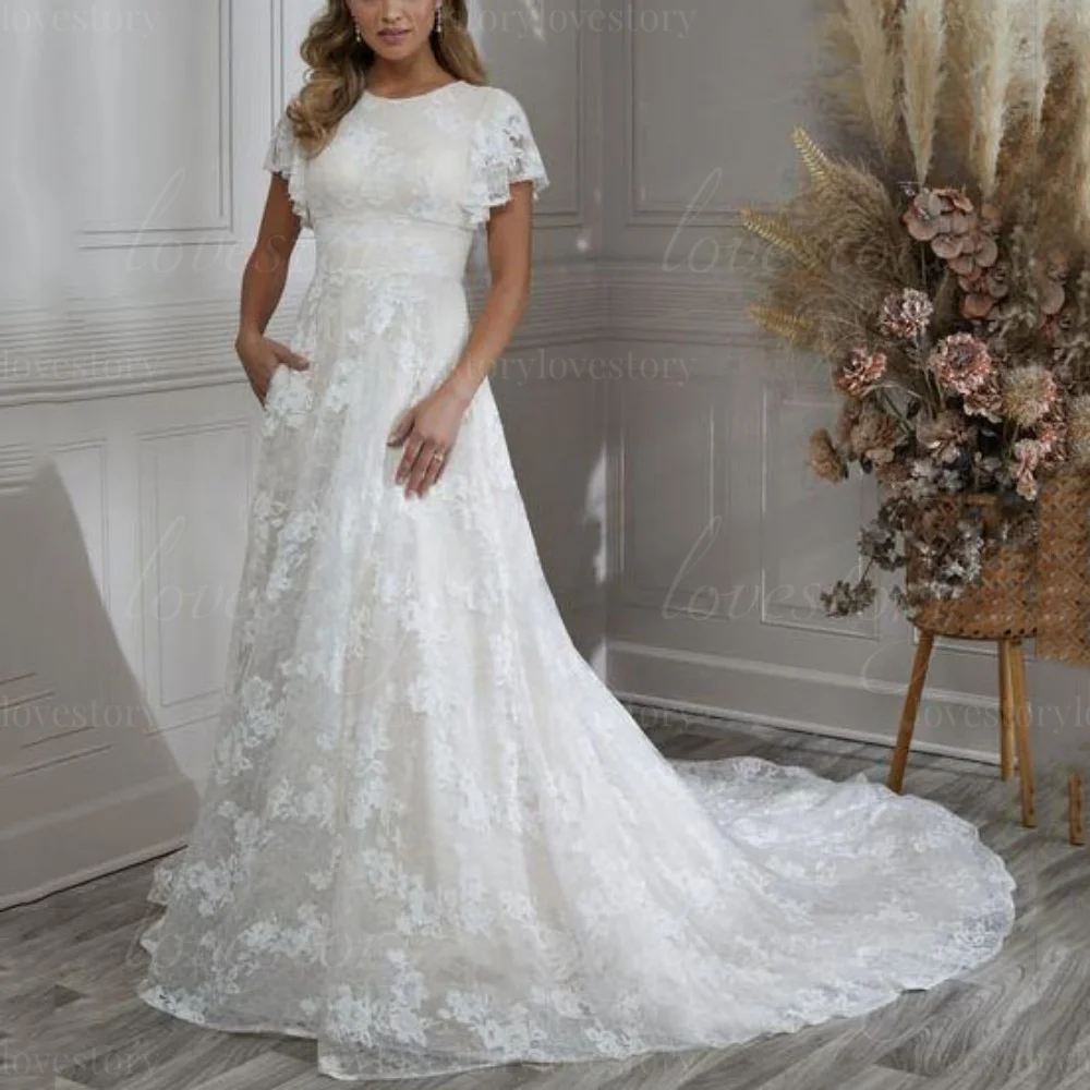 Personalizado uma linha vestidos de casamento mangas curtas rendas vestidos de noiva clássico elegante noiva robes o pescoço luxo novia