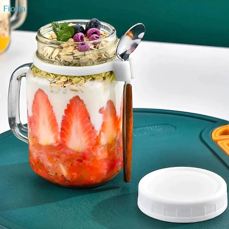 ✔ 500mlの持ち手付き蓋とスプーンが付いたガラス製オーバ - Meal Prep Oatmeal Jars のレビューと価格