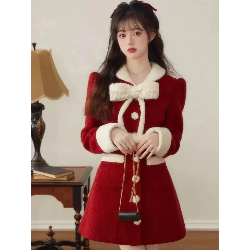 جديد 2025 فستان أحمر دافئ للشتاء والكريسماس للنساء بفيونكة محبوكة كورية كلاسيكية صغيرة حلوة بأكمام طويلة فستان فرنسي عتيق ☆ ★ ☆ ★ كيو أوم [8