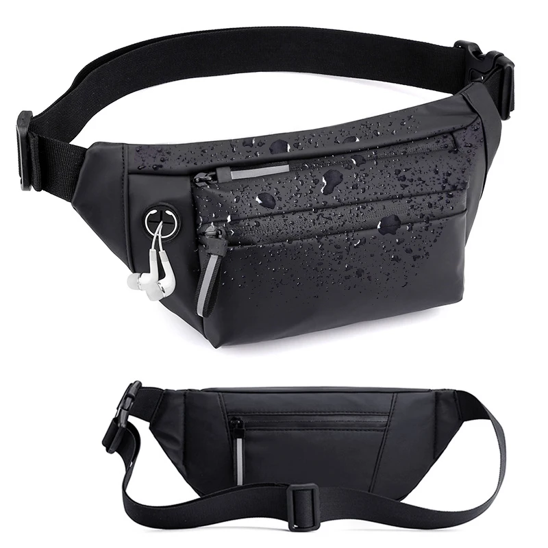 Men Black Waterproof Outdoor Waist Bag Casual Travel Sports Chest Bag Fanny Pack Fashion Crossbody Bag Nylon Bum Pouch