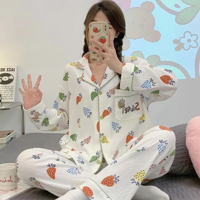 Women Spring Autumn Strawberry Pajamas Long-sleeved Cotton Yarn Advanced Sense Sleepwear Girls Japanese Sweet Home Service Suit