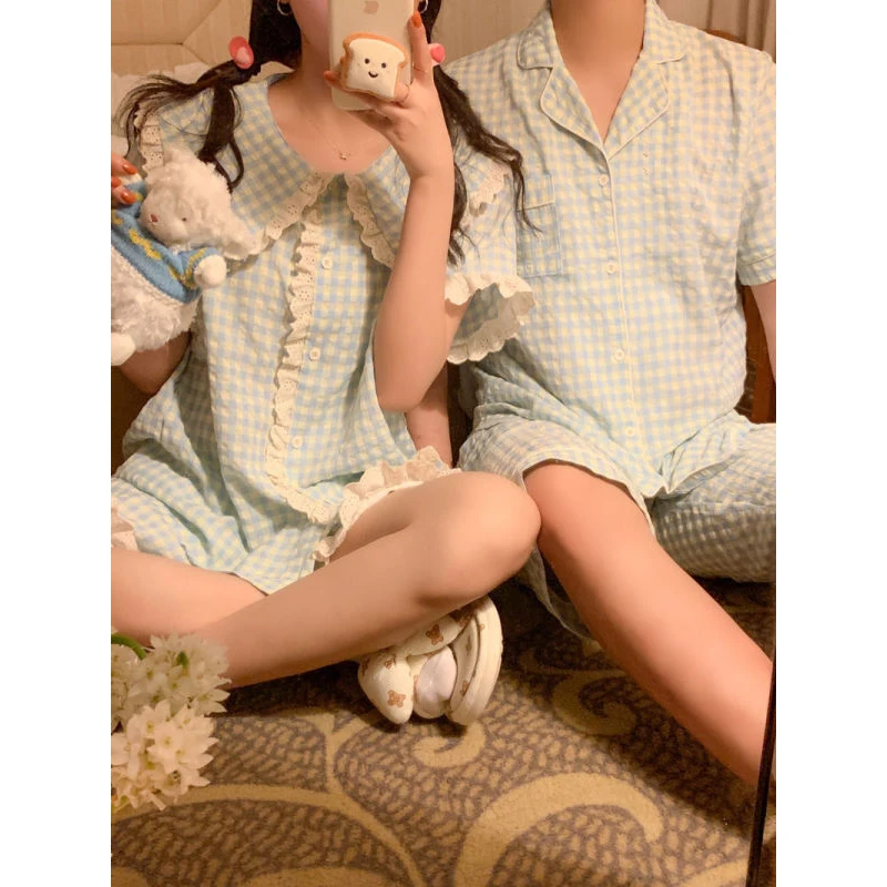 Sleepwear Women Princess Style Summer Cotton Pajamas Women 2023 New Couples Men\'s Large Size Simple Outside Loungewear Suit