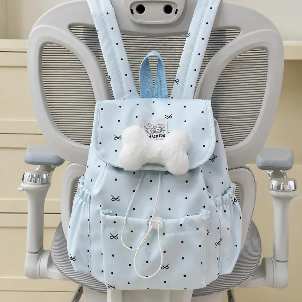 Süßer Polka-Dot-Rucksack mit Kordelzug, Große Kapazität, Schleifen-Doppelschultertasche, Ultraleichter Nylon-Pendelrucksack für den Alltag – Detail 2