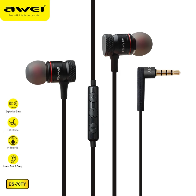 Awei ES-30/50/70TY Wired Earphone For iphone Samsung Xiaomi Earbuds Stereo Headset With Micr Metal In Ear Super Bass Earphones