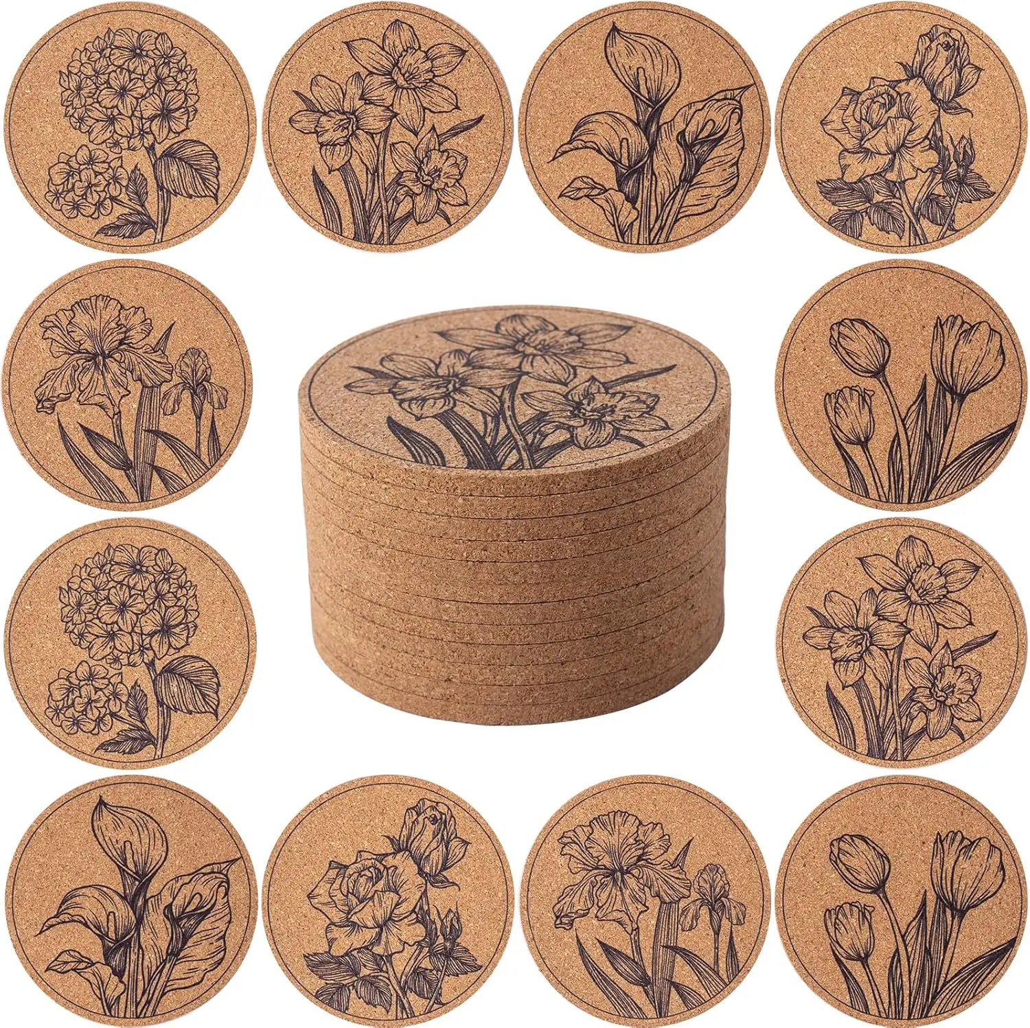 

Coasters For Drinks 12 Pcs Absorbent Cork Coasters With Flower Coaster For Coffee Table Housewarming Gifts For New Home Present