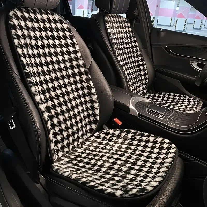 1pc Car Seat Cover, Houndstooth Car Seat Cushion Winter Plush Square Warm Car Front Seat Cover Mat, Rear Car Seat Cushions For C