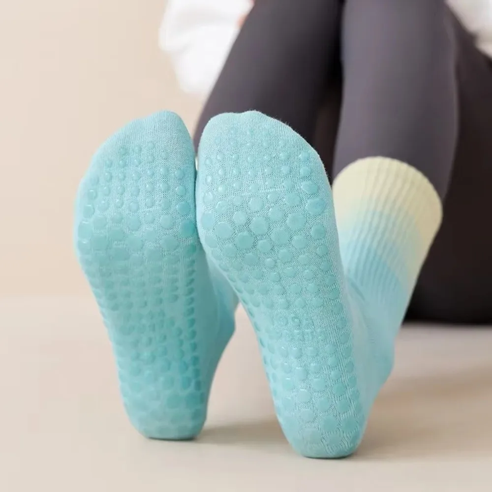 New Non-Slip Yoga Pilates Socks Gradient Color Breathable Combed Cotton Mid-Calf Socks Silicone Grips Middle Tube Socks Women