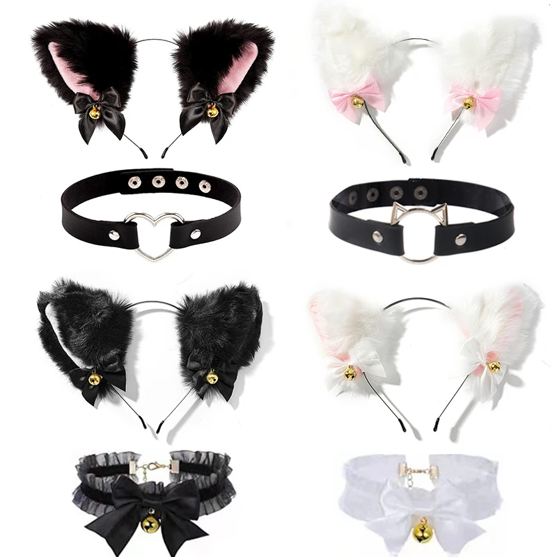 2pcs Cat Ear Bow Headband Necklace Cosplay Rabbit Ear Plush Bell Hairband Women Girl Party Headwear Hair Accessories for Cosplay