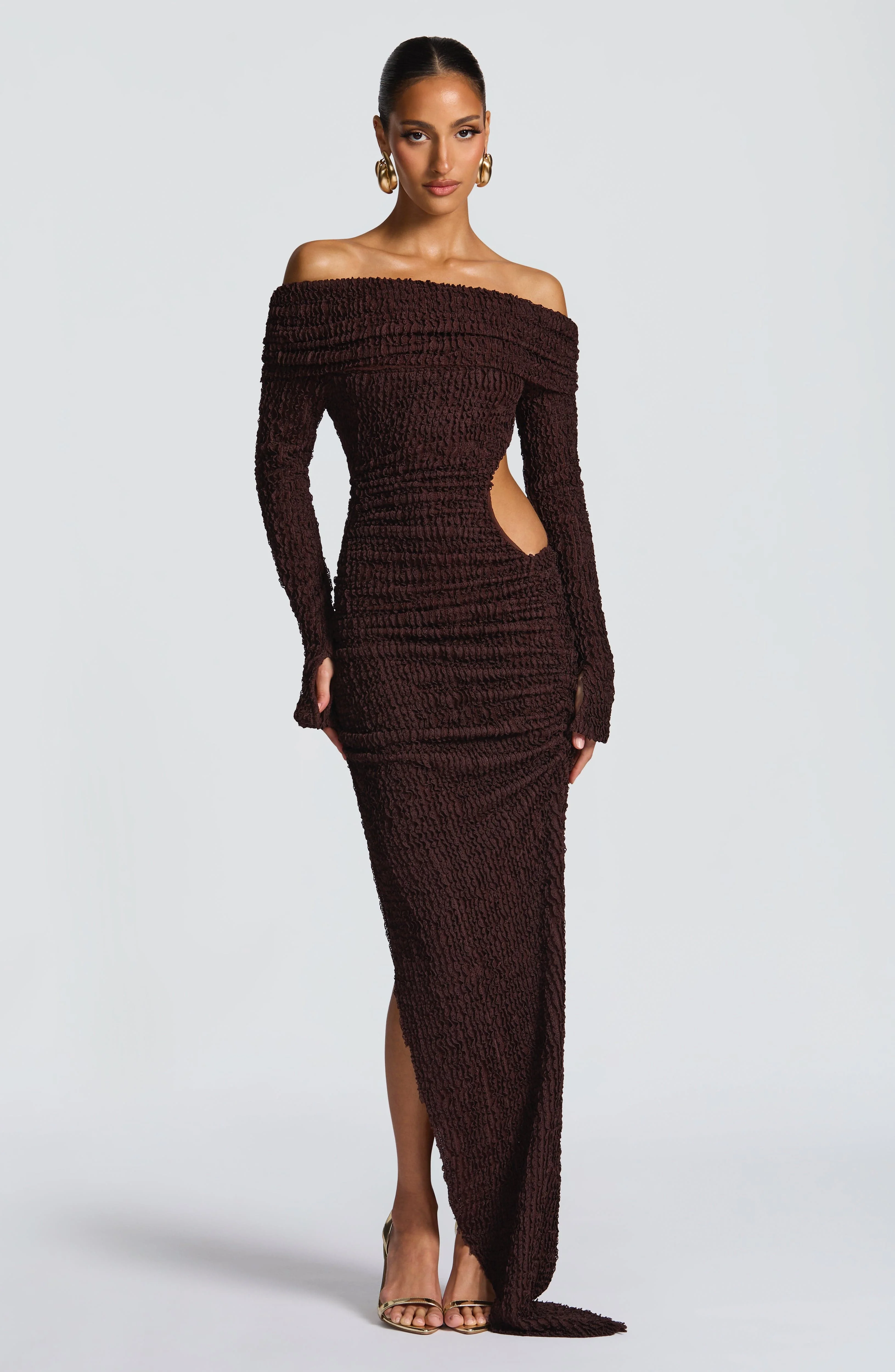 Off Shoulder Long Sleeve Women Dresses Crinkle Textured Waist Cut Out Maxi Dress High Thigh Slit Ruched Evening Outfit