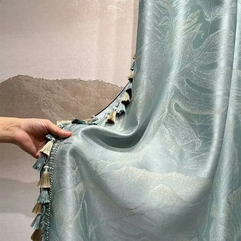 New Jacquard Champagne Blue Luster Thickened Curtains for Living Room Bedroom French Window Villa Customized Products