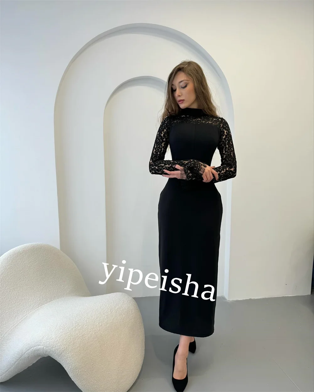 Jersey Pattern Clubbing A-line High Collar Bespoke Occasion Gown Midi Dresses