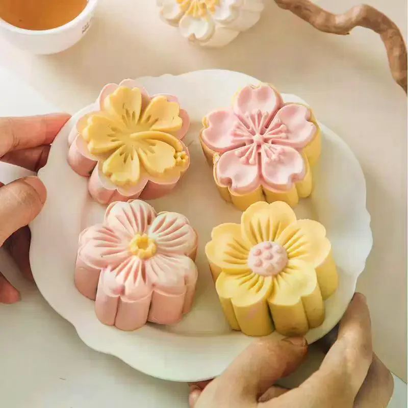 Mooncake Mold Plastic Hand-Pressure Cookie Stamps Flower Cherry Pattern Plungers Pastry Decoration Tool Mid-Autumn Festival