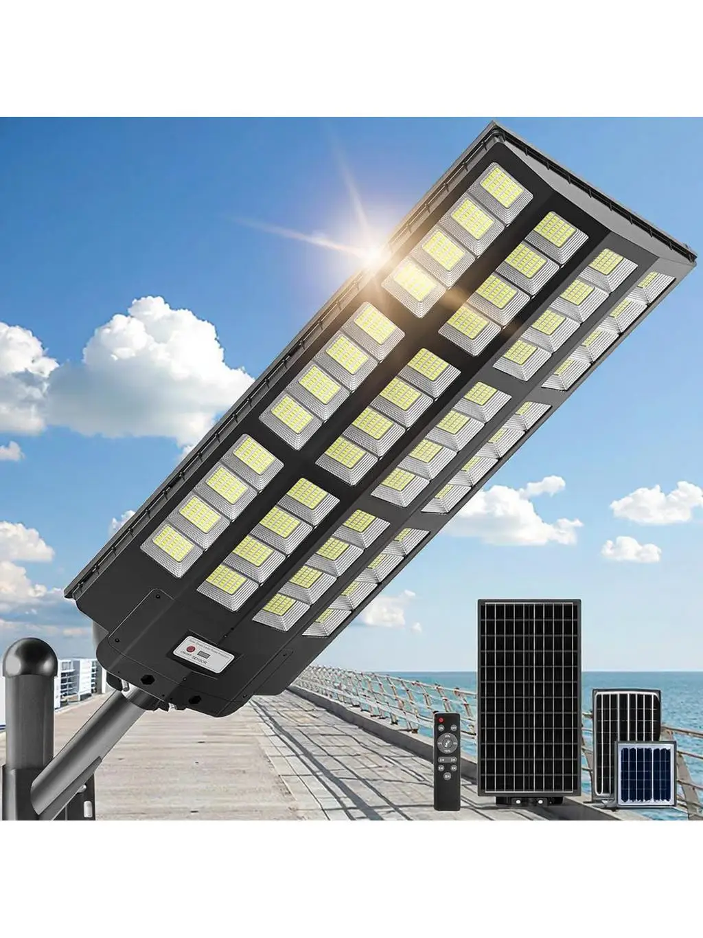 Alles-in-één 7000K 8000W buiten waterdichte zonne-LED-straatverlichting Bewegingssensor Tuinparkeerplaats IP65 Beoordeling voor wegen Straten - afbeelding 2
