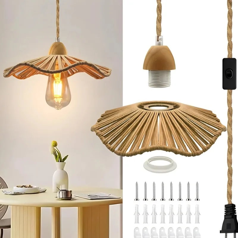 Vintage Hemp Rope Hand Woven Hanging Pendant Light Rattan Single Double Head Lamp for Loft Bar Cafe Decor