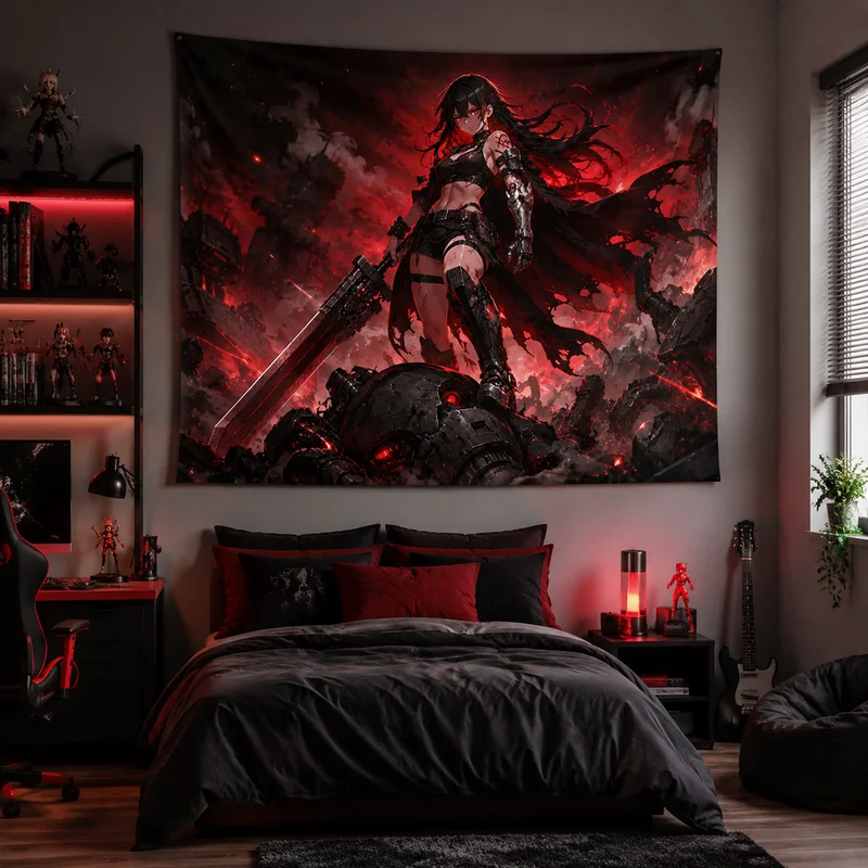 VIKAMA Dark Anime Female Warrior Tapestry, Cool Gothic Home Decor Hanging Tapestry, Wall Decor for Bedrooms and Game Rooms