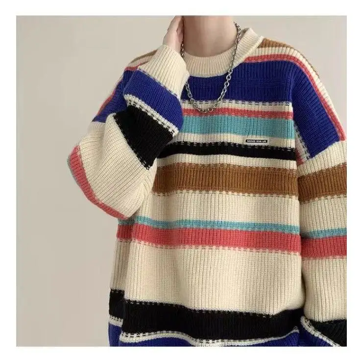 

Свободный мужской вязаный свитер, верхняя одежда, осень-зима, полосатый узор, повседневный длинный свек, круглый Ne, полиэфирное волокно