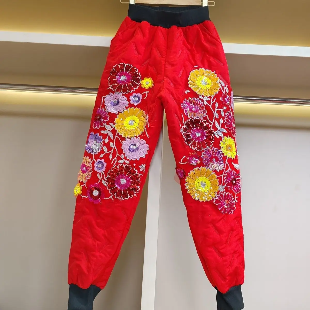 Beading Sequisn Flowers Thicken White Duck Down Trousers New Winter Elastic High Waist Harem Pants Red Cotton-padded Trousers