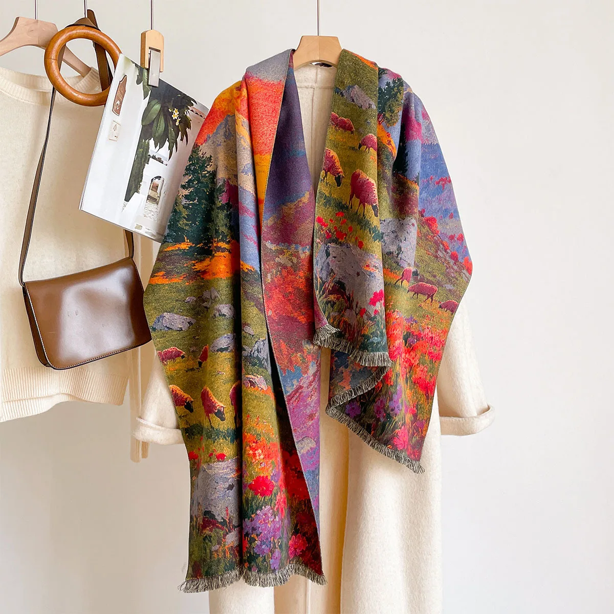 Woman Oil Painting Cashmere Feel Stoles Autumn Winter Cold Weather Fashion Thick Warm Shawl High Quality Wrap Scarves Desigual