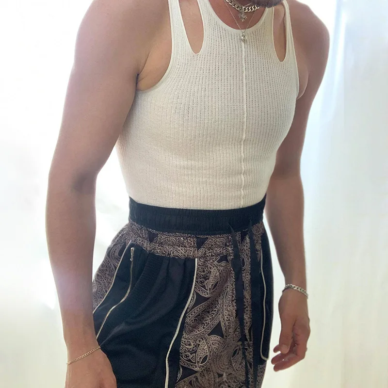 جديد الرجال سترة الصيف ثقب جوفاء تصميم محبوك تانك الأعلى أكمام الصيف أزياء الدبابات القمم