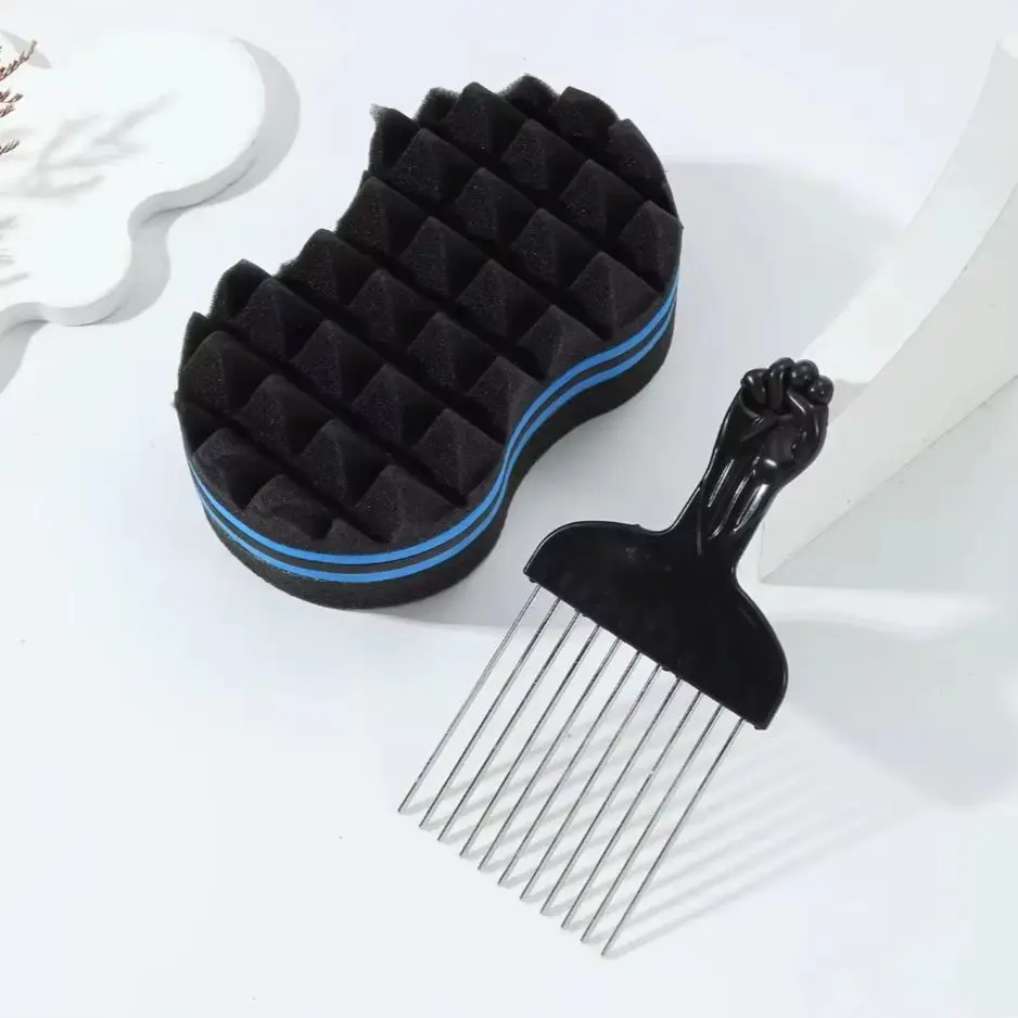 2pcs Afro Hair Styling Set, Curl Sponge & Pick Comb Tool