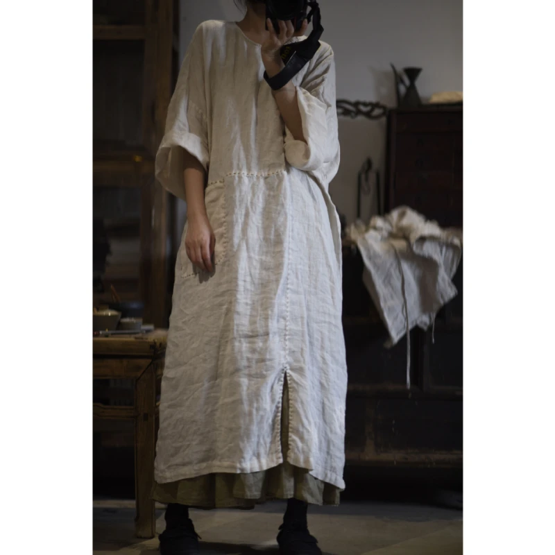 

Spring Summer Ramie Washed Dress Women Long Sleeves Loose Fit Long Dress With Pocket Vintage Artist Japanese Casual Streetwear