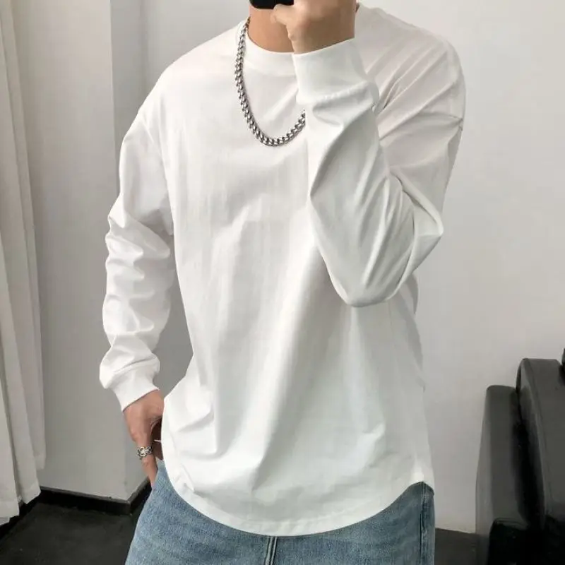 

2023 New Spring and Autumn Fashion Simple Round Neck Solid Color Versatile Trend Casual Loose Underlay Oversize Men's T-shirt