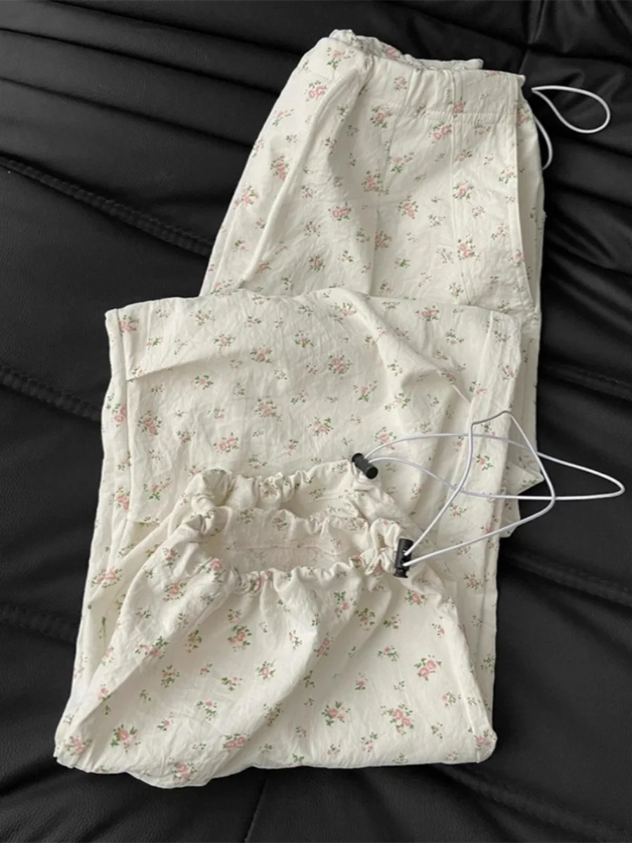 

American Retro Floral Pure Cotton Workwear Wide Leg Pants Women Summer Loose High Waist Straight Cut Trousers Casual Long Pants