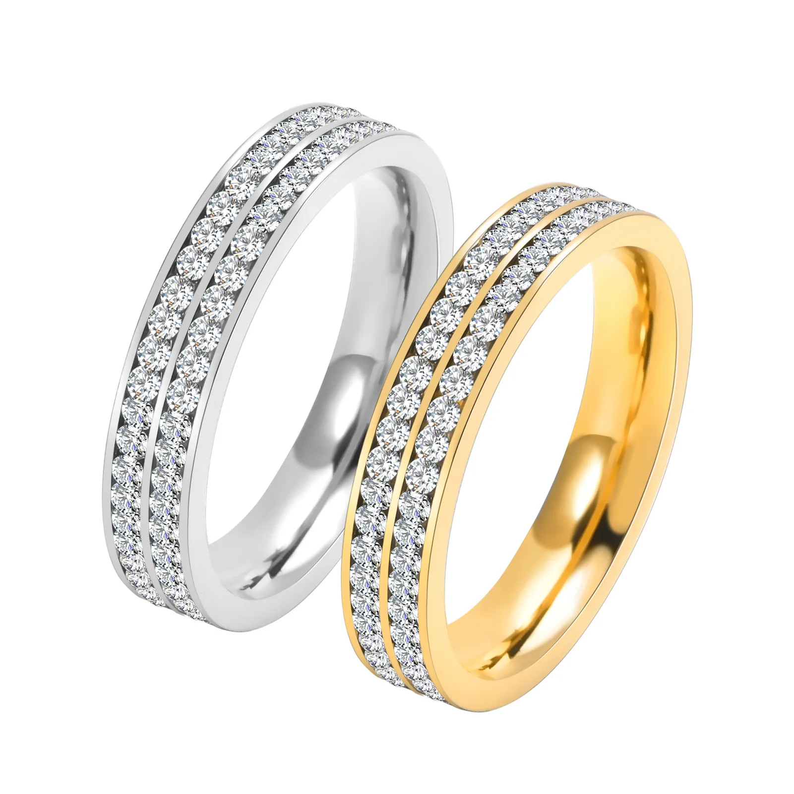 4mm Stainless Steel Double Row CZ Eternity Ring Wedding Band for Women Girl Size 5-12