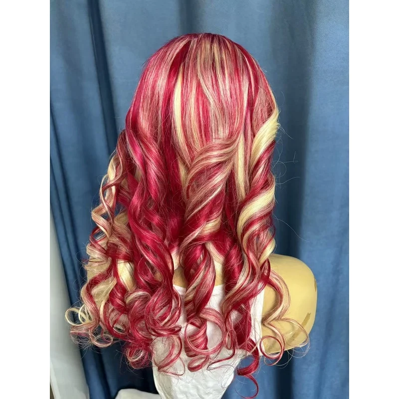 Long Wavy Red Blonde Highlight Wigs 13x4 Lace Front  Hair Wigs Pre Plucked