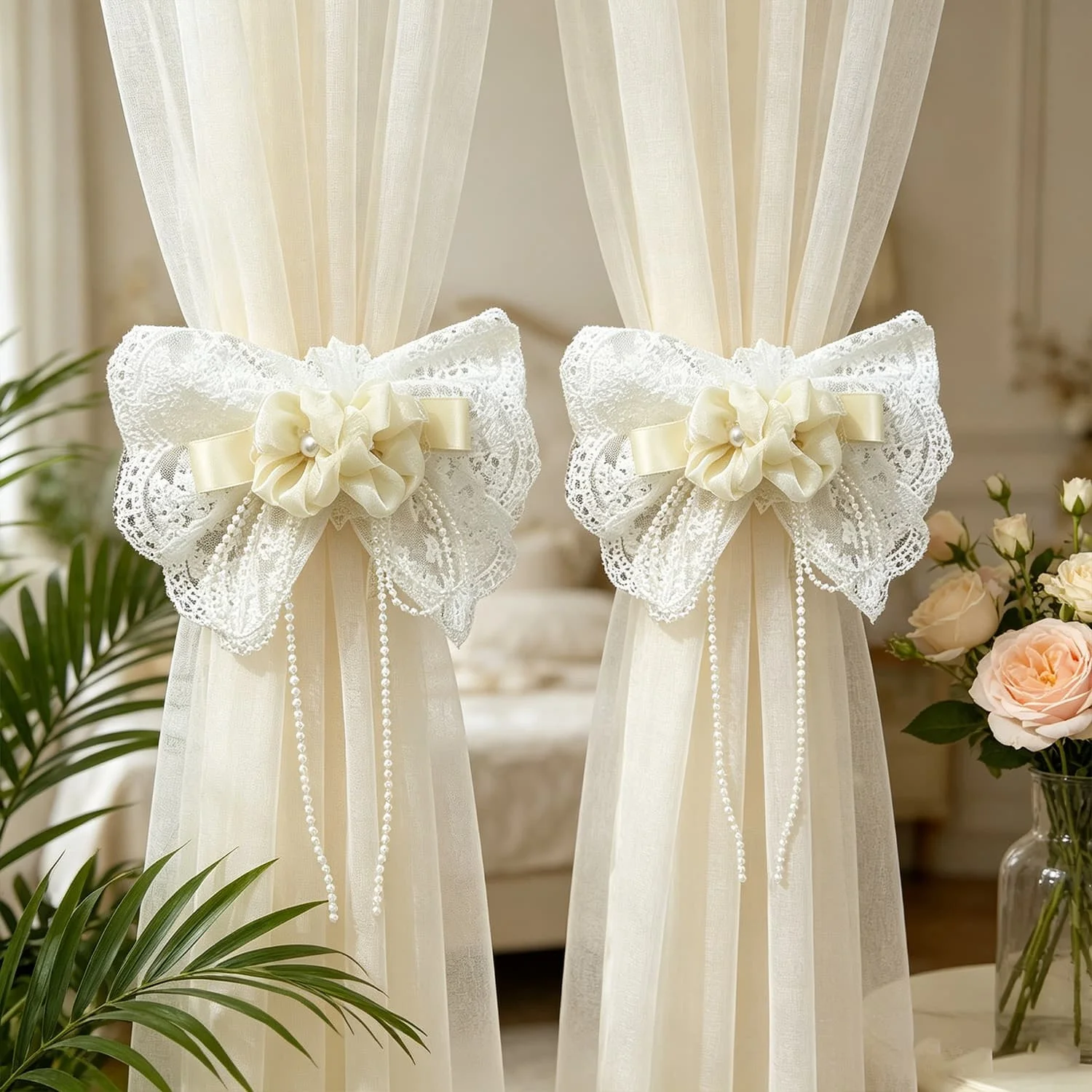 French Romantic Flower Lace Bow Curtain Tieback with Pearl Tassel for Bedroom, Living Room, Wedding Decor, Wrist Corsage