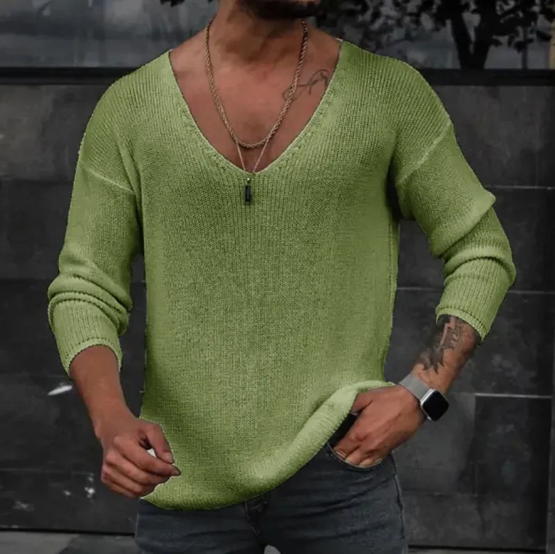 

Men 2024 Spring V Neck Rib Bottoming T-shirts Pullover Autumn Long Sleeve Slim Fit Tees Tops Simple Casual Plain Thin Knit Shirt