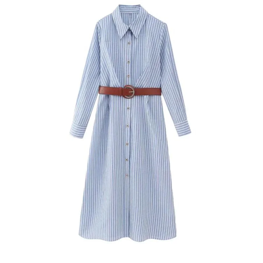 UNIZERA 2023 Autumn/Winter New Product Women\'s New Fashion Casual Matching Belt Stripe Shirt Style Dress