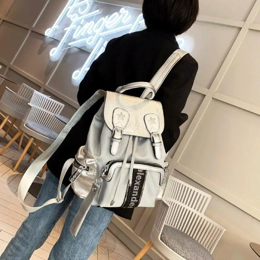 #6339-8# Fashion Backpack New Color blocked Soft Leather Casual Drawstring Bag Travel Bag Women's Bag