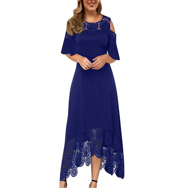 

Wsfec L-5XL Plus Size Women Clothing Solid Color Lace Ruffle Hollow Out Short Sleeve Patchwork Casual Elegant Party Long Dresses