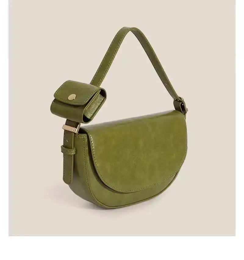 Bloom Vintage Green Shoulder Women High Street Leather Casual Saddle Bag Handbag Female Retro Solid Crossbody Bags Ladies