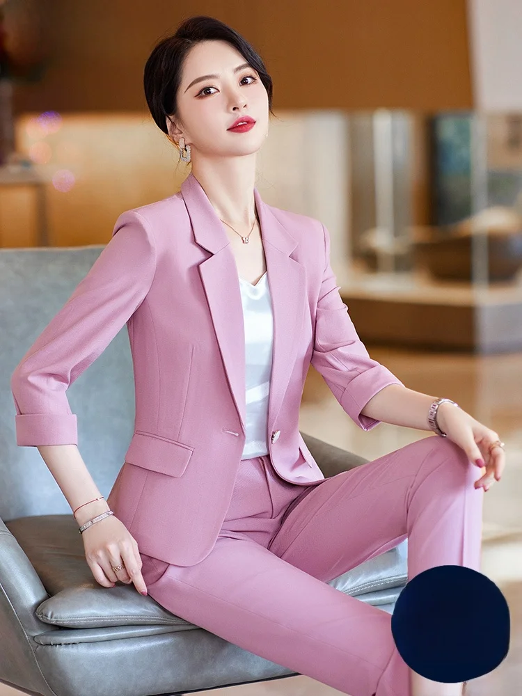 

Pink Suit Jacket Women's Summer Thin Seven-Quarter Sleeve Formal Top Elegant Small Professional Workwear Commute Style Pure C...