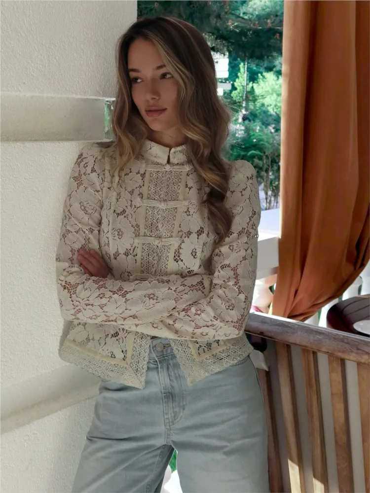Camicia retrò in pizzo cavo Camicetta chic da donna Autunno O Collo Manica lunga Slim Top in maglia Moda femminile Camicette e top floreali eleganti